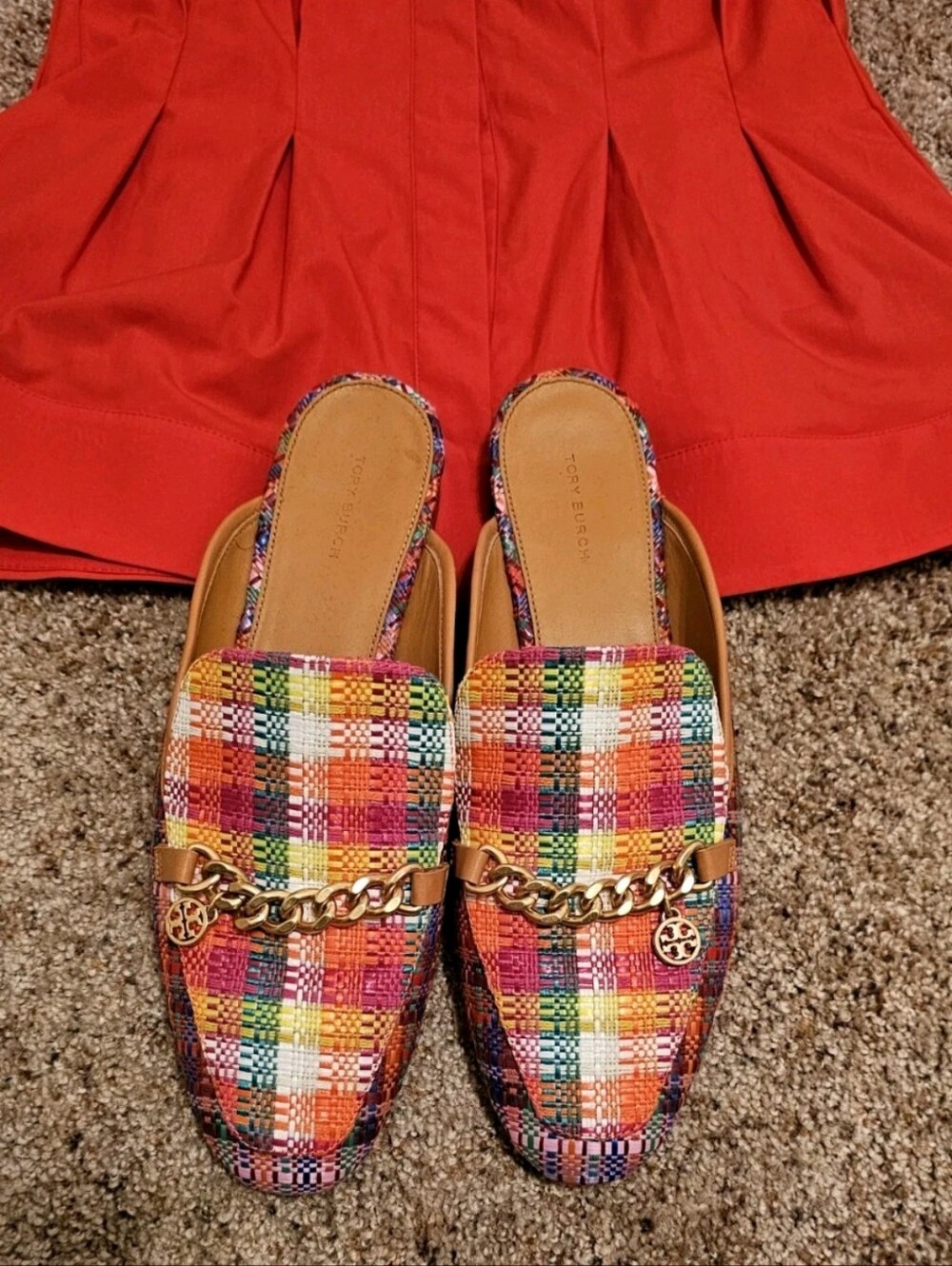 Tory Burch Leather Mini Benton Multi Plaid Loafer w/Gold Charm 10.5-Retail $299